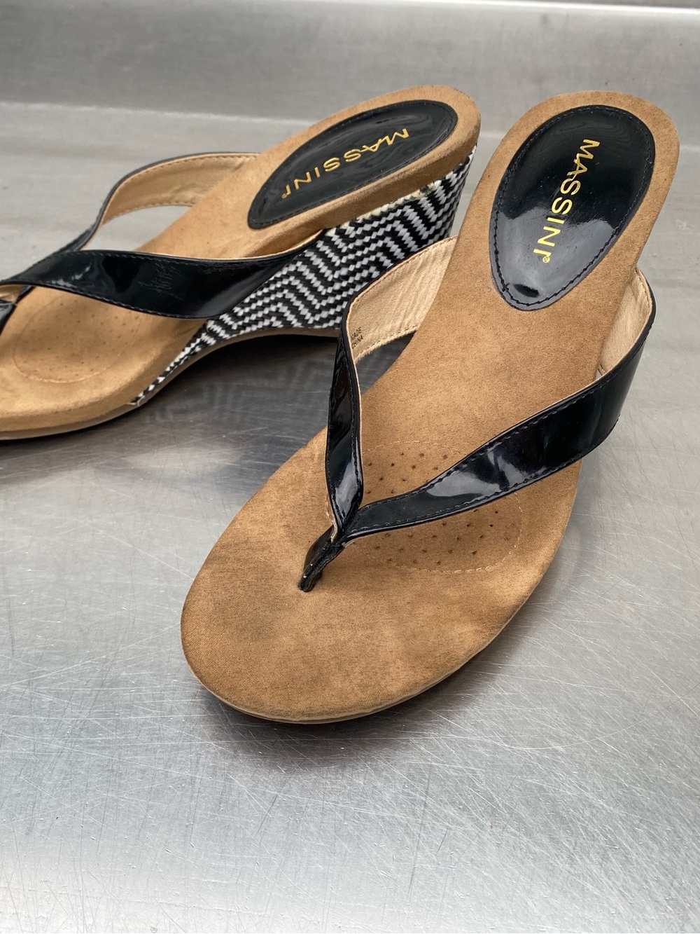 Massini Black Patent Wedge Thong Sandals with Patterned Heel